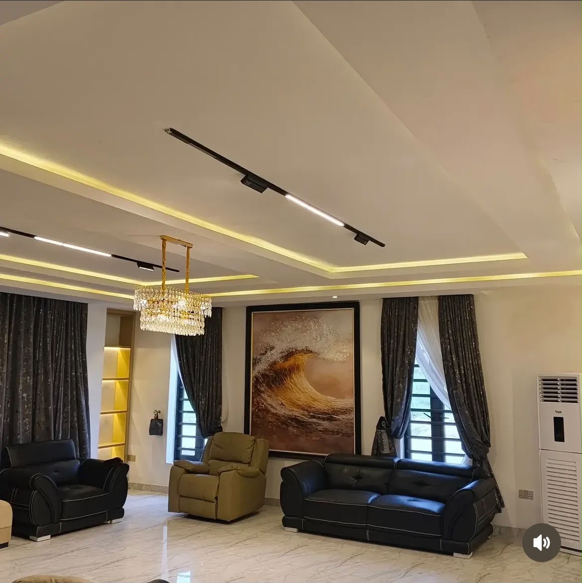 Automated Living Room — Track lighting, cove LEDs and chandelier all on smart control.